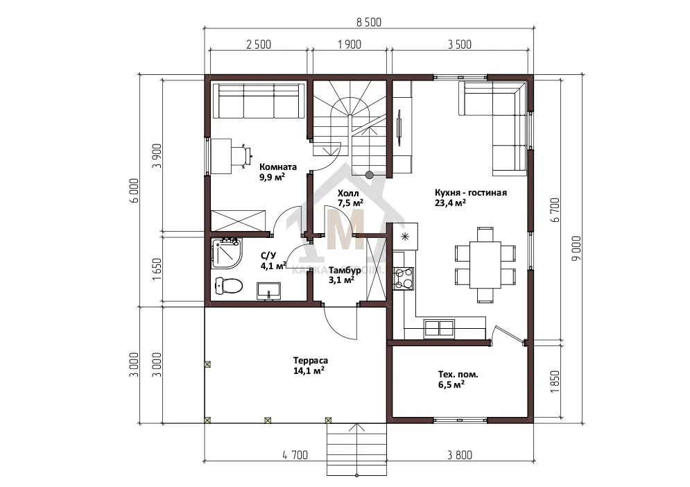 Планировка первого этажа Каркасный дом с мансардой 8 на 9 проект Руди цена {price}