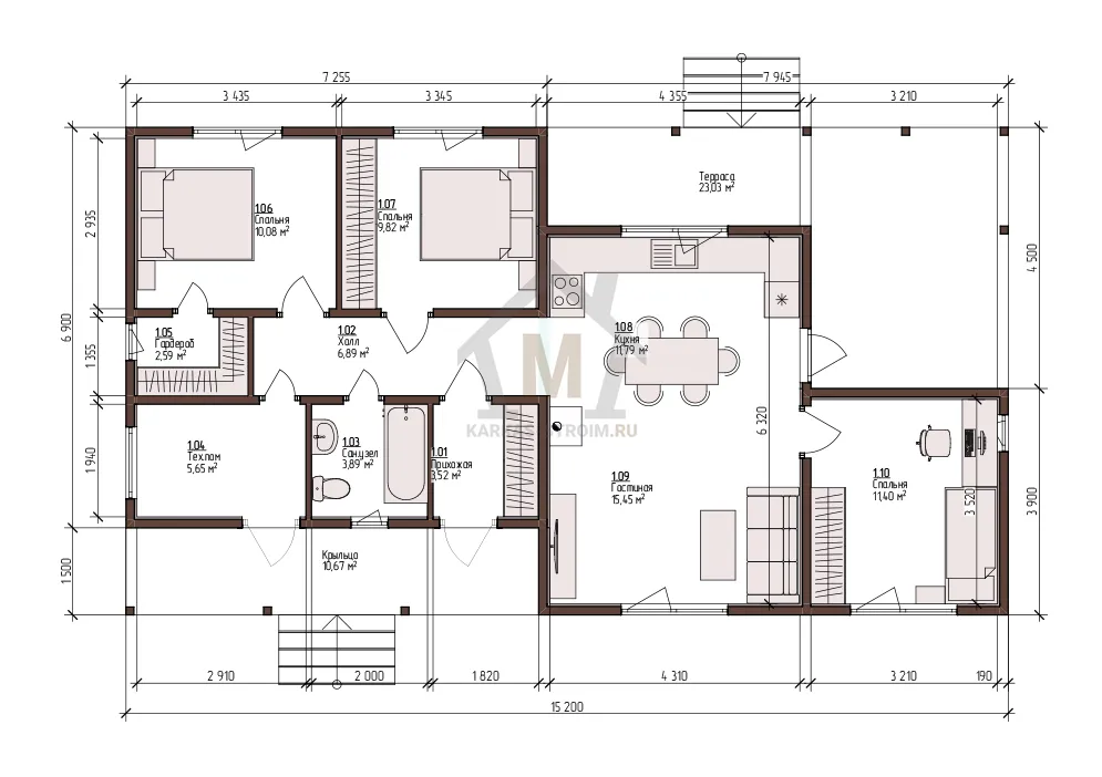 Планировка первого этажа Каркасный одноэтажный дачный дом 8х15 цена {price}