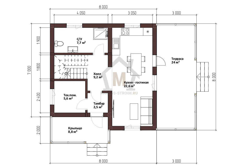 Планировка первого этажа Каркасный дом 8х8 с мансардой цена {price} проект Тедерик.