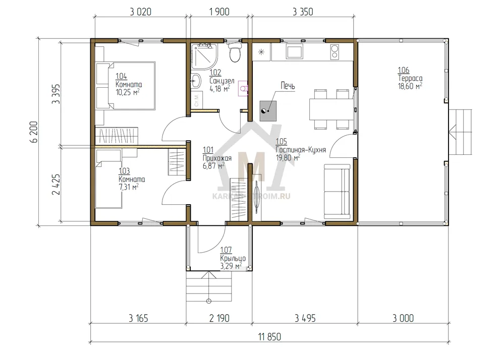 Планировка первого этажа Каркасный одноэтажный дачный дом 8 на 6 цена {price}.