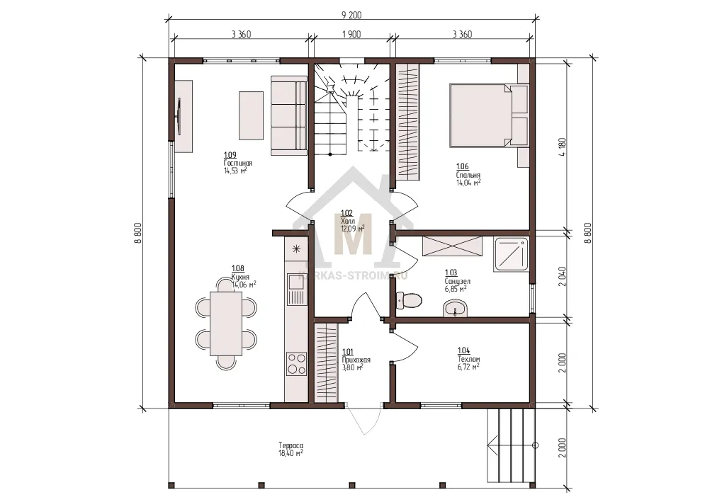 Планировка первого этажа Проект каркасного дома для постоянного проживания 8,8х9,2