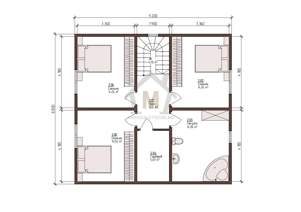 Планировка второго этажа Проект каркасного дома для постоянного проживания 8,8х9,2