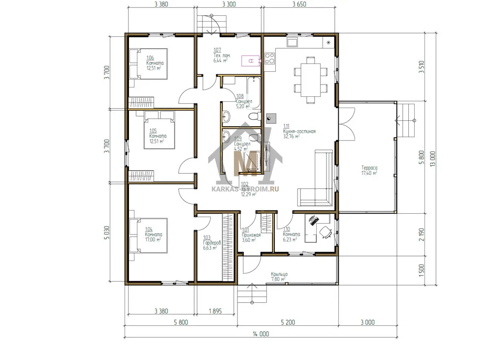Планировка первого этажа Одноэтажный каркасный дом 11х13 проект Аэлита с двумя входами цена.