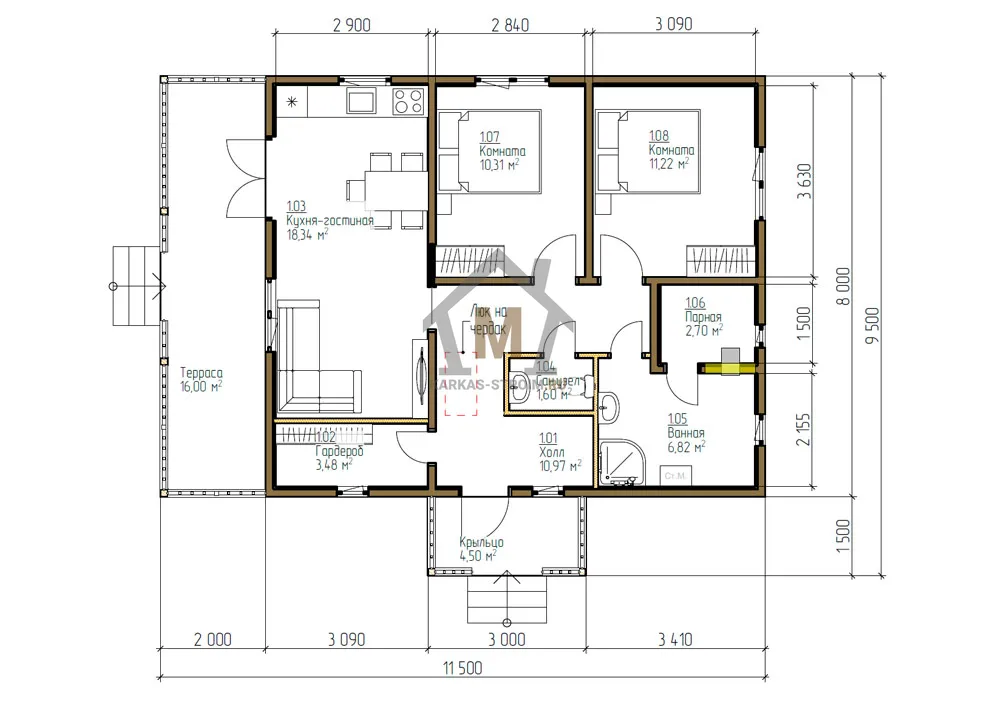 Планировка первого этажа Дом с баней 8 на 9 проект каркасный Астра цена строительства.