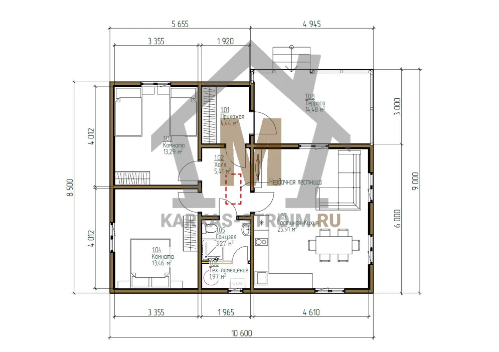Планировка первого этажа Дачный дом с двумя спальнями одноэтажный 8,5х10 каркасный цена.
