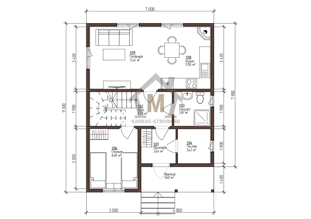 Планировка первого этажа Каркасный дом для постоянного проживания с мансардой 7х9,3 под ключ.
