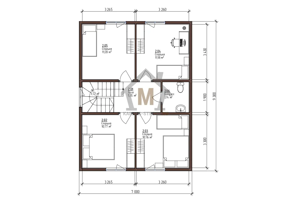 Планировка второго этажа Каркасный дом для постоянного проживания с мансардой 7х9,3 под ключ.