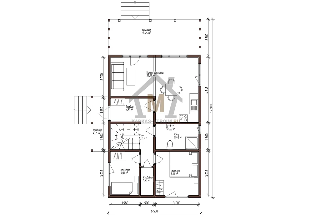 Планировка первого этажа Барнхаус двухэтажный 6,5х10 проект под ключ строительство.
