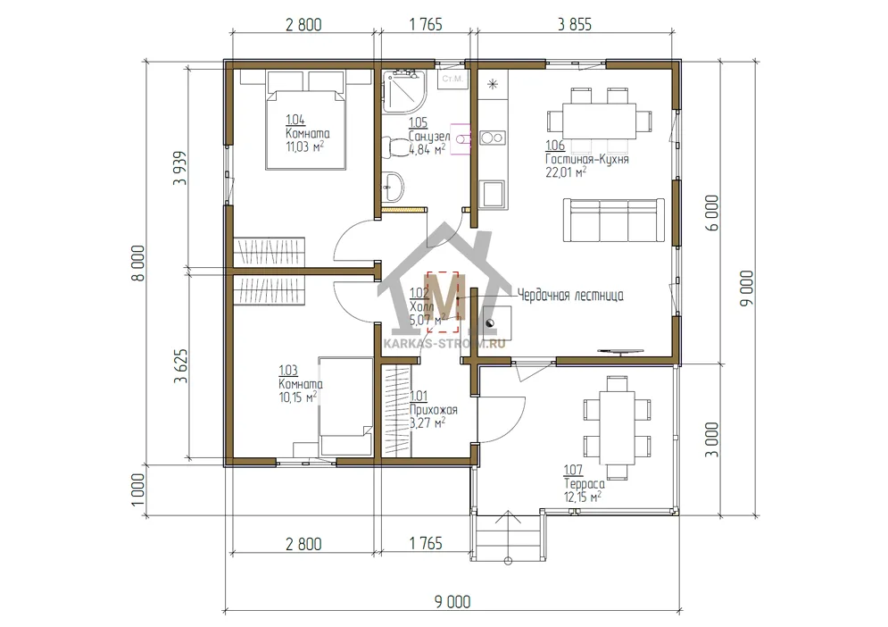 Планировка первого этажа Одноэтажный дачный дом 8х9 строительство недорого качественно.