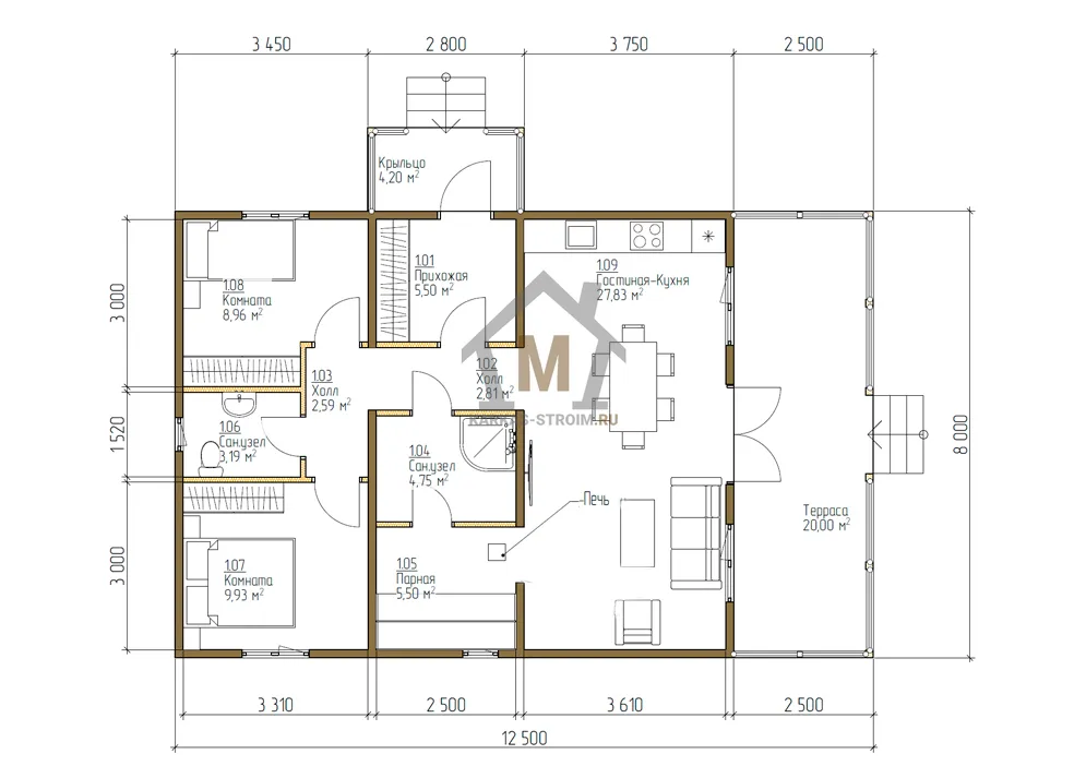 Планировка первого этажа Одноэтажный каркасный дом 8х10 с баней внутри дома.