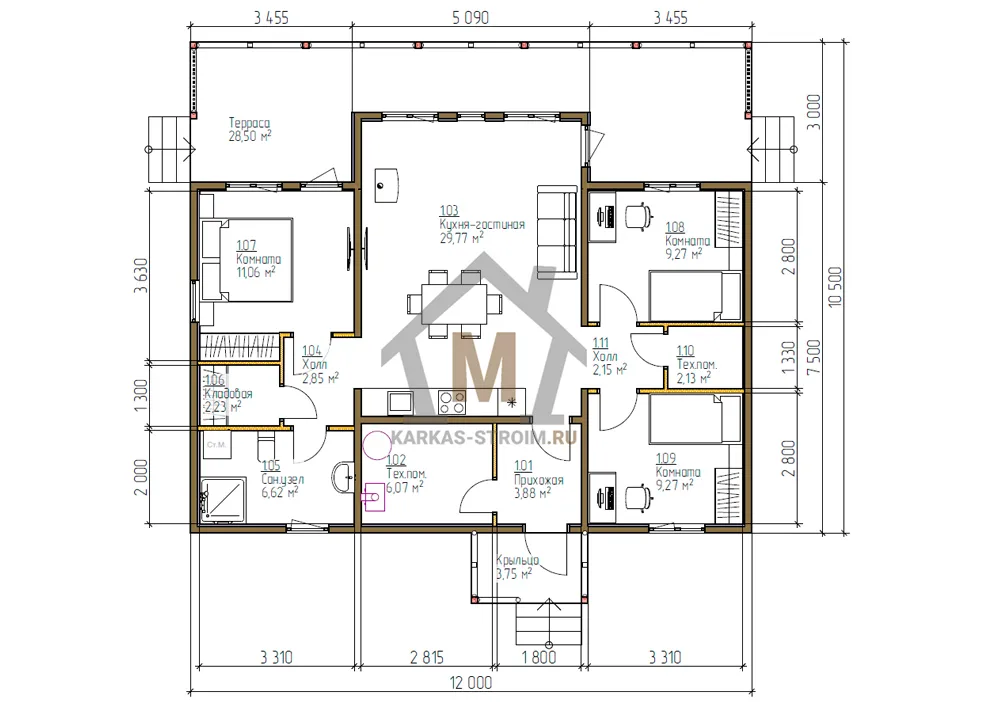 Планировка первого этажа Одноэтажный каркасный дом 9 на 12 проект Адлия цена.