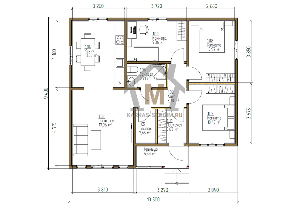 Планировка первого этажа Каркасный дом 9х10 проект Ариан цена строительства.