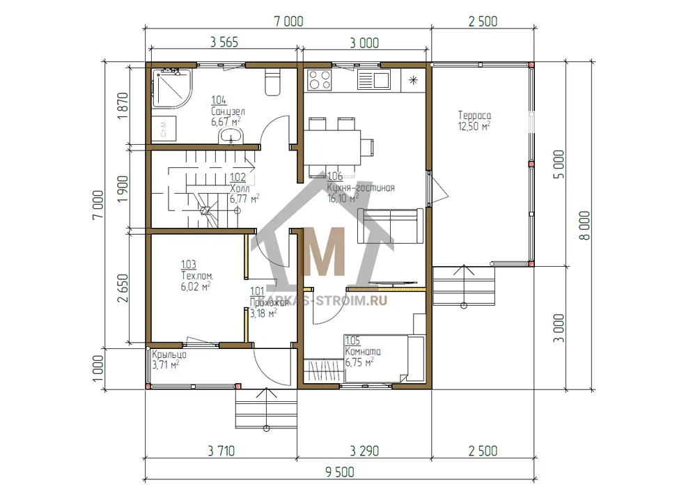 Планировка первого этажа Каркасный дом с мансардой 7х8 проект Атанасия цена.