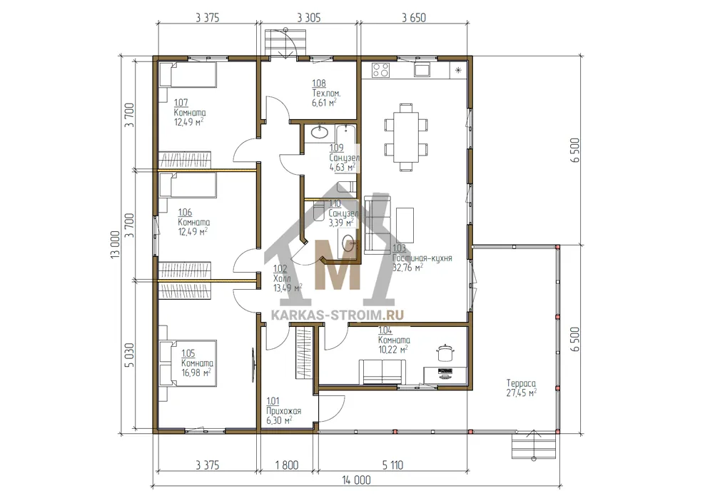 Планировка первого этажа Одноэтажный каркасный дом для постоянного проживания 11х13 цена.