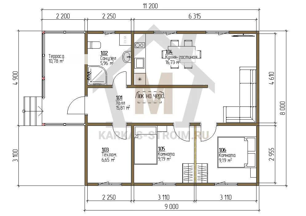 Планировка первого этажа Одноэтажный каркасный дом 8х9 проект Гордей с террасой цена.