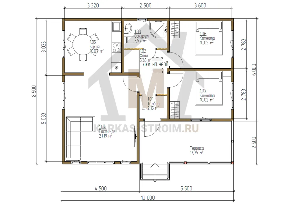 Планировка первого этажа Одноэтажный дачный дом 8,5 на 10 проект Севара цена строительства в Москве.