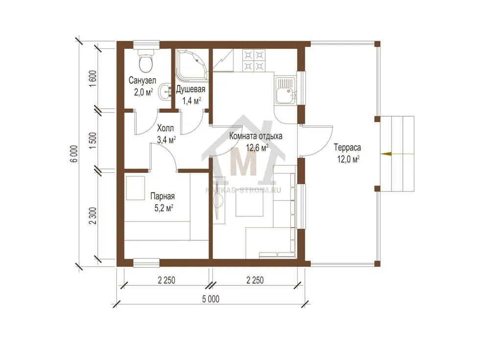 Планировка первого этажа Каркасная одноэтажная баня 5х6 с террасой под ключ.