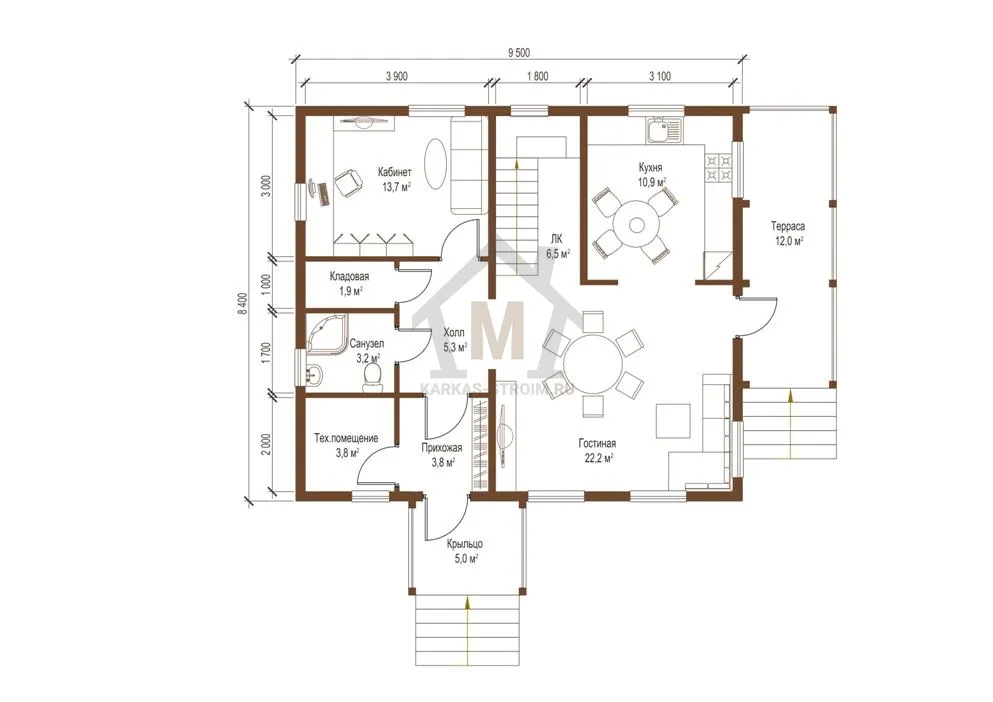 Планировка первого этажа Проект двухэтажного каркасного дома 8х9 с 5 спальнями цена.