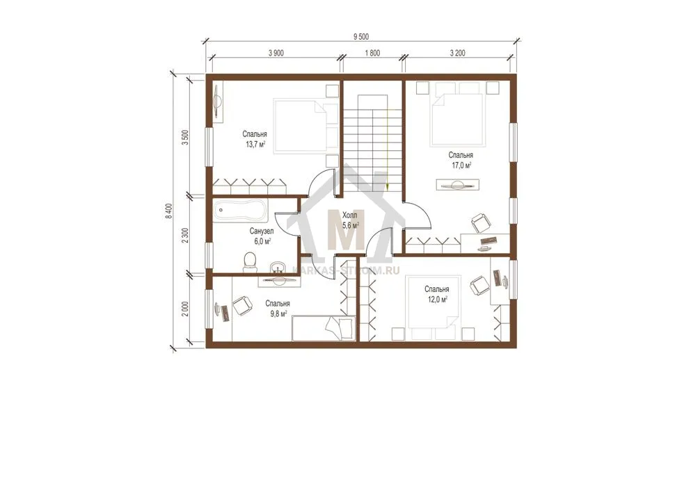 Планировка второго этажа Проект двухэтажного каркасного дома 8х9 с 5 спальнями цена.