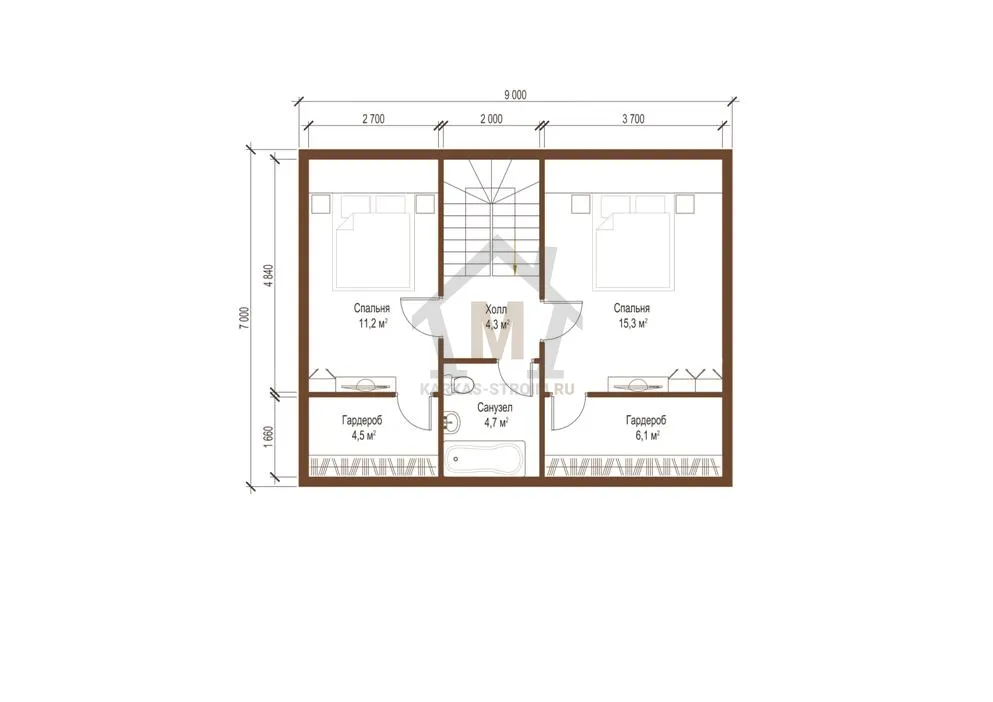 Планировка второго этажа Каркасный двухэтажный дом для постоянного проживания 9х9 проект Ясмин.