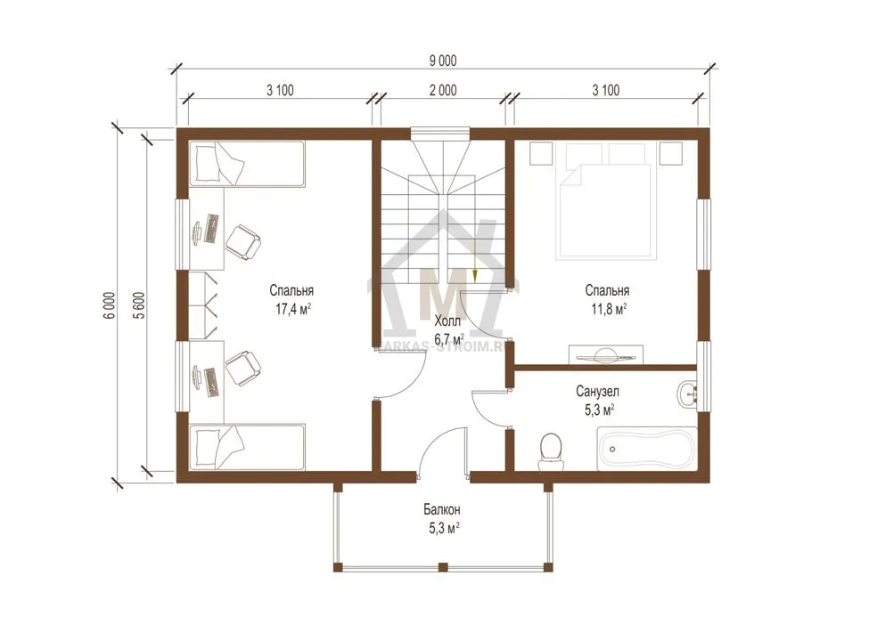 Планировка второго этажа Каркасный дом 6х9 с мансардой и балконом проект Аймо.