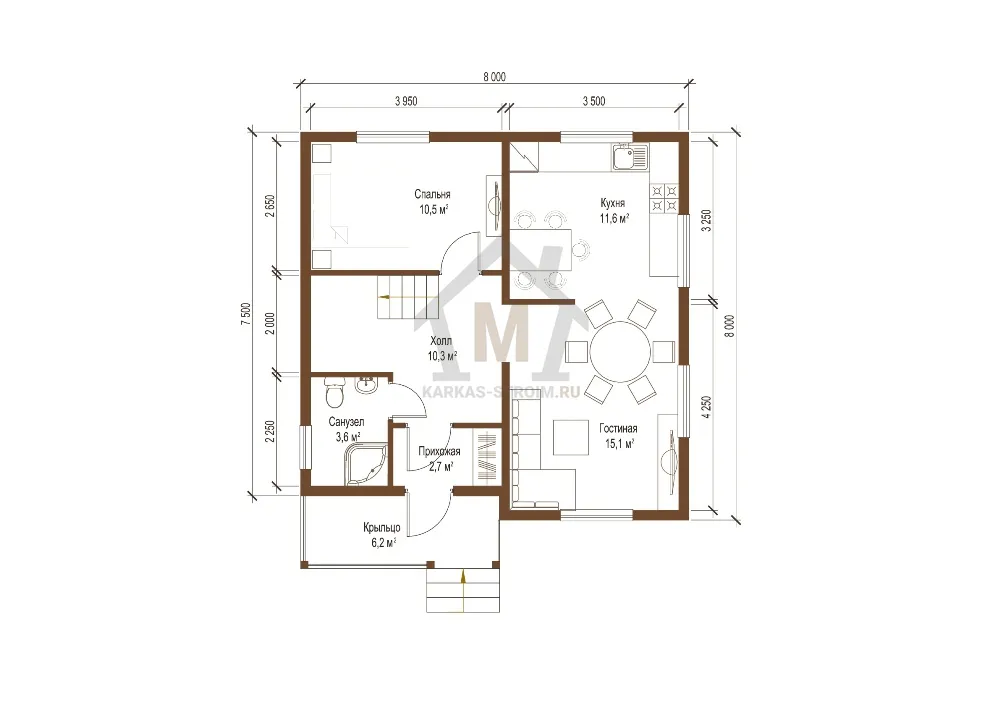 Планировка первого этажа Каркасный дом 8х8 с мансардой дачный цена строительства проект Армас.