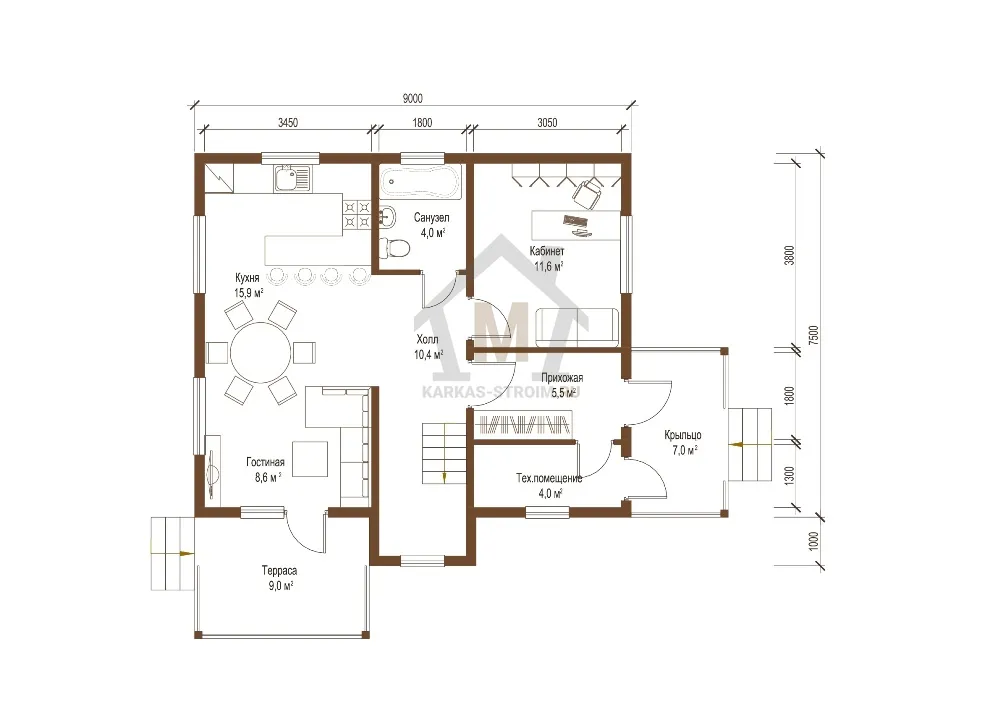 Планировка первого этажа Каркасный дом 8х9 цена под ключ проект Ауво строим.