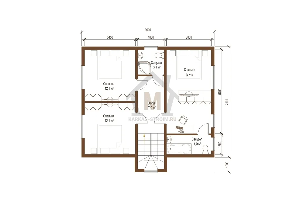 Планировка второго этажа Каркасный дом 8х9 цена под ключ проект Ауво строим.