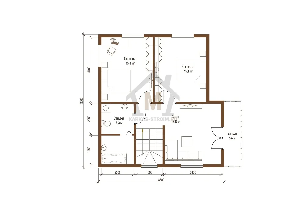 Планировка второго этажа Проект дома для постоянного проживания 8х9 цена под ключ.