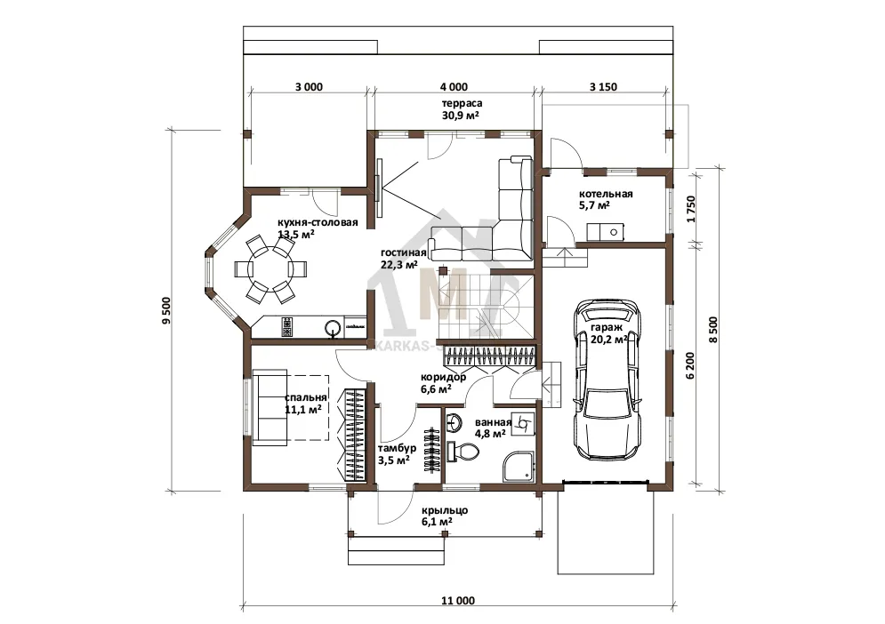 Планировка первого этажа Проект дома 9х11 с гаражом для постоянного проживания цена под ключ.