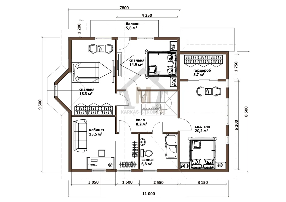 Планировка второго этажа Проект дома 9х11 с гаражом для постоянного проживания цена под ключ.