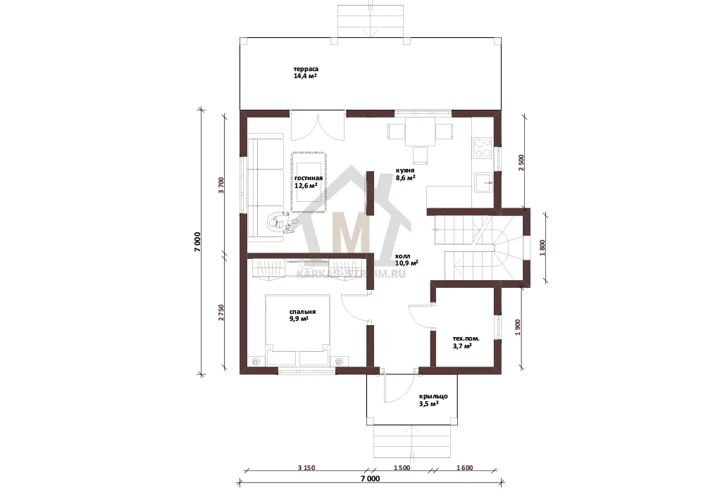 Планировка первого этажа Проект каркасного дачного дома 7х8 Майнио строим под ключ.