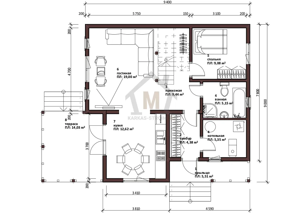 Планировка первого этажа Каркасный дом 9х9 проект с мансардой Сеппо под ключ цена.