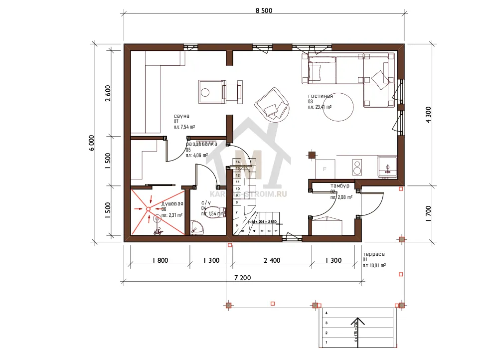 Планировка первого этажа Каркасный дом баня проект 6х8 цена под ключ Элиас.