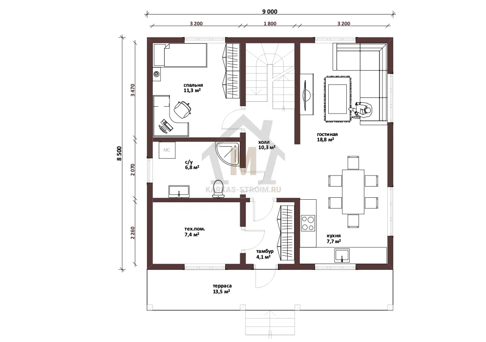 Планировка первого этажа Проект каркасного дачного дома 8х9 под ключ цена Ирика.