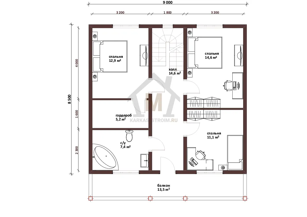 Планировка второго этажа Проект каркасного дачного дома 8х9 под ключ цена Ирика.