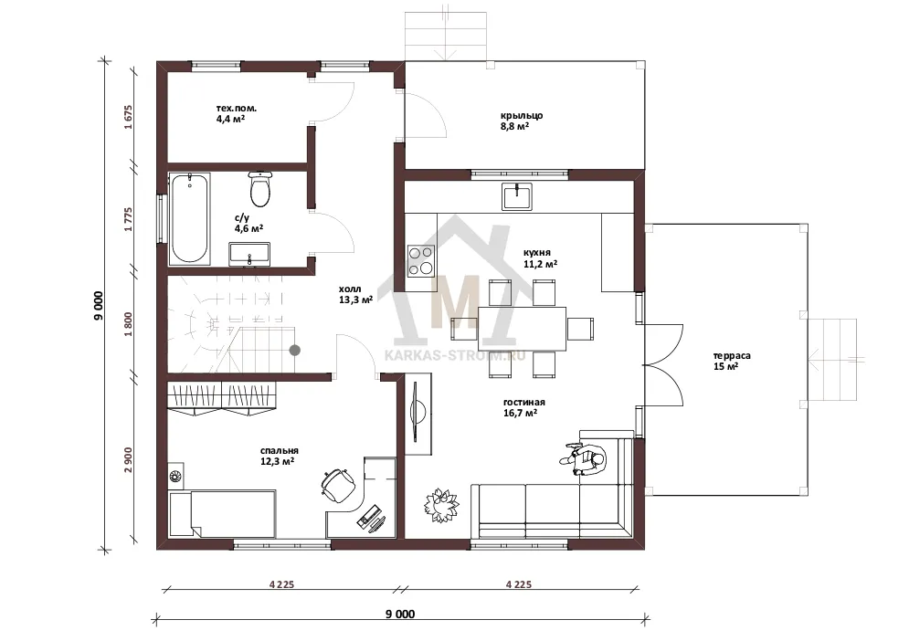 Планировка первого этажа Проект каркасного дома для постоянного проживания двухэтажный 9х9 - Кирси.