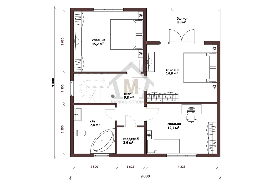 Планировка второго этажа Проект каркасного дома для постоянного проживания двухэтажный 9х9 - Кирси.