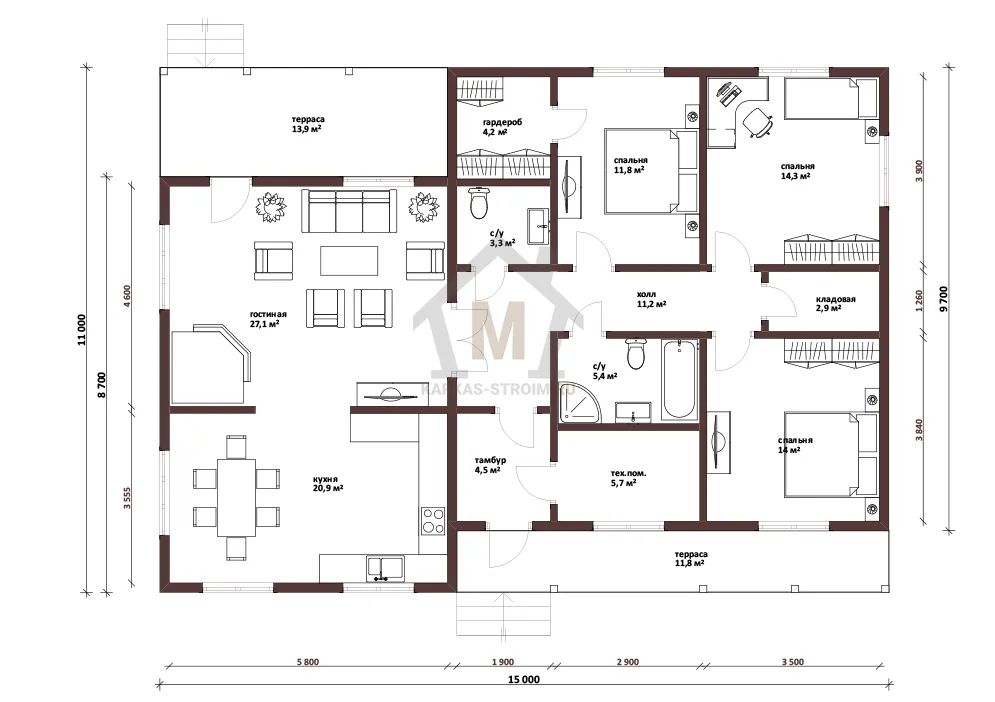 Планировка первого этажа Проект американского каркасного дома 11х15 один этаж цена Мирджа.