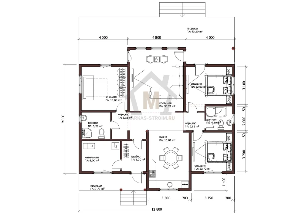 Планировка первого этажа Каркасный дом 12х13 одноэтажный проект Нура купить.