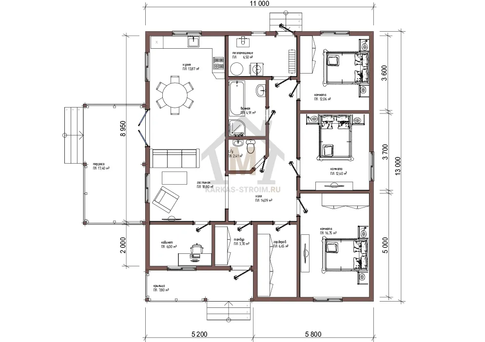 Планировка первого этажа Каркасный одноэтажный дом 11х13 проект Пилви 135 кв м цена.