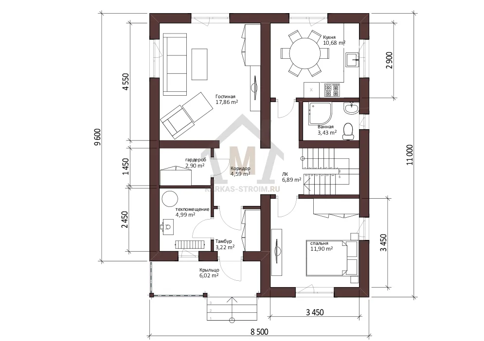 Планировка первого этажа Каркасный дом 8х11 двухэтажный для постоянного проживания цена под ключ.