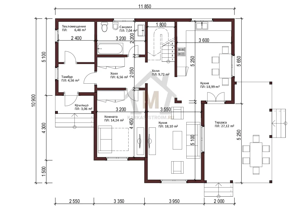Планировка первого этажа Каркасный дом 4 спальни проект Аслог 10х11 цена строительство.