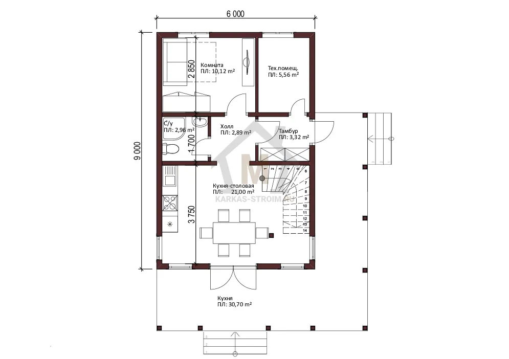 Планировка первого этажа Каркасный дачный дом 6х9 с террасой цена заказать.