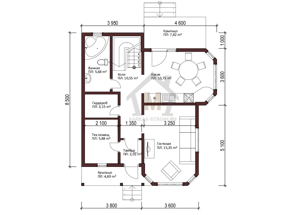 Планировка первого этажа Каркасный дачный дом с мансардным этажом 8х9 проект Гард цена.