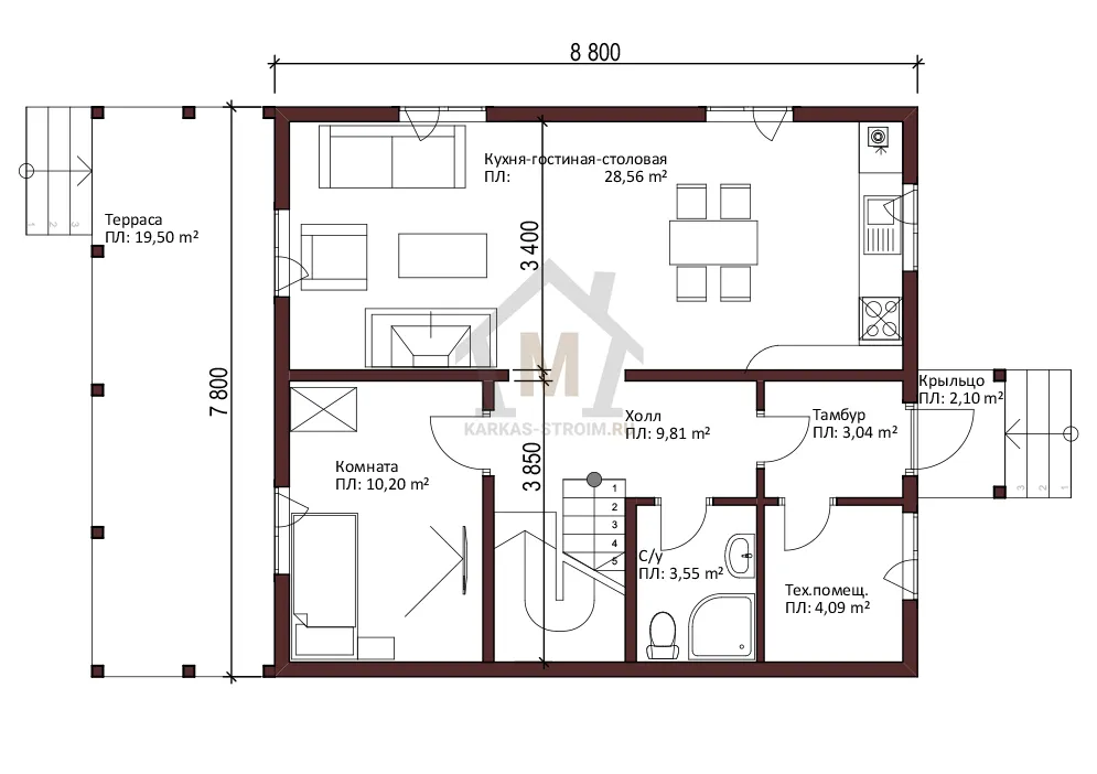 Планировка первого этажа Каркасный дом для дачи 7х8 с мансардой проект Грид цена строительства.