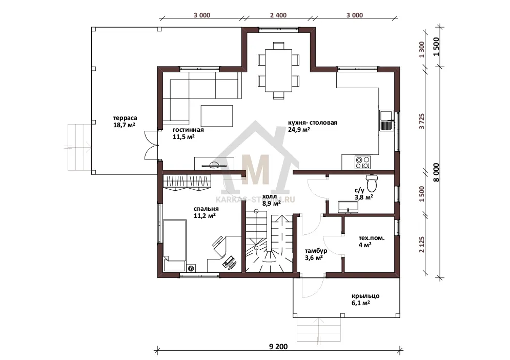 Планировка первого этажа Каркасный коттедж 9х9 4 спальни мансарда проект Келда заказать.