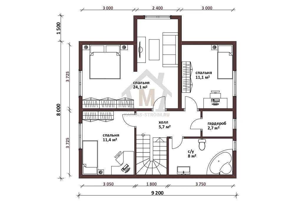 Планировка второго этажа Каркасный коттедж 9х9 4 спальни мансарда проект Келда заказать.