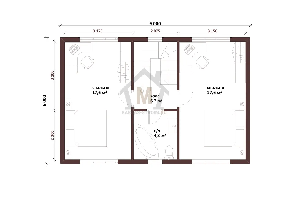 Планировка второго этажа Каркасный дачный дом 3 спальни 7х9 проект Линнея заказать.