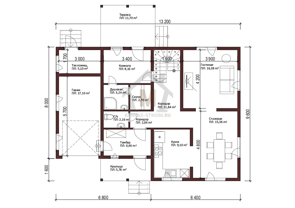 Планировка первого этажа Двухэтажный каркасный дом 9х13 с гаражом и сауной цена проект Андерс.